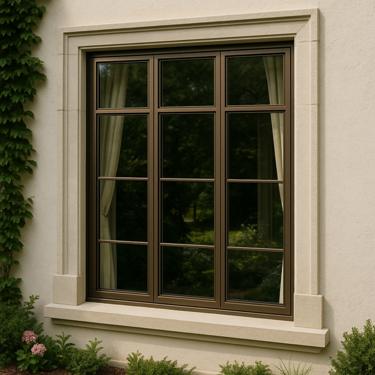 Architectural bronze casement window on a heritage-style home.