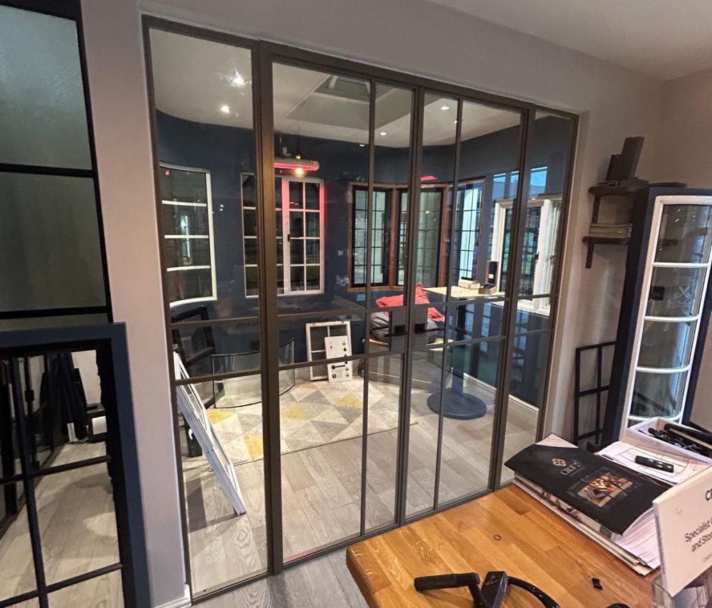Modern Farnham showroom featuring premium steel windows Surrey, showcasing sleek and stylish designs.