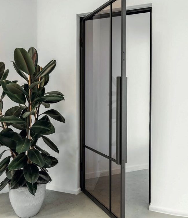 Internal steel pivot doors